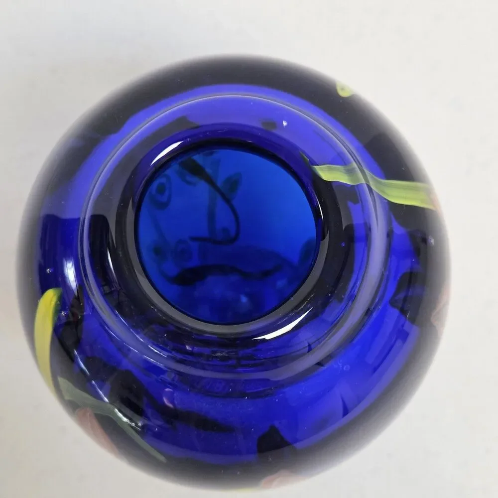 VTG Kusak Art Glass Paperweight Pedestal Vase Cobalt Blue with Cased Flowers 6” - Picture 5 of 11